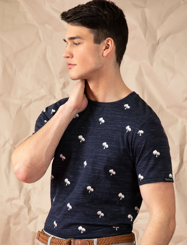 Maui Palm Print Cotton Jersey T-Shirt In Iris Navy - Tokyo Laundry