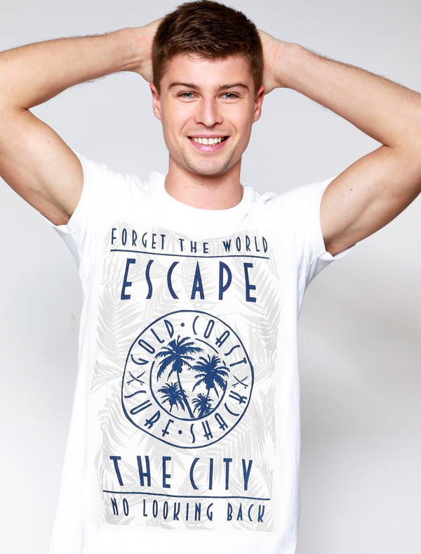 Escape The City Motif Cotton Jersey T-Shirt in Snow White - South Shore