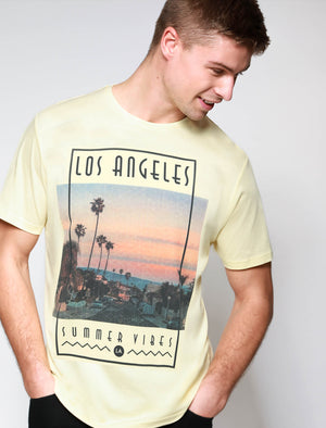 LA Summer Vibes Motif Cotton Jersey T-Shirt in Pastel Yellow - South Shore