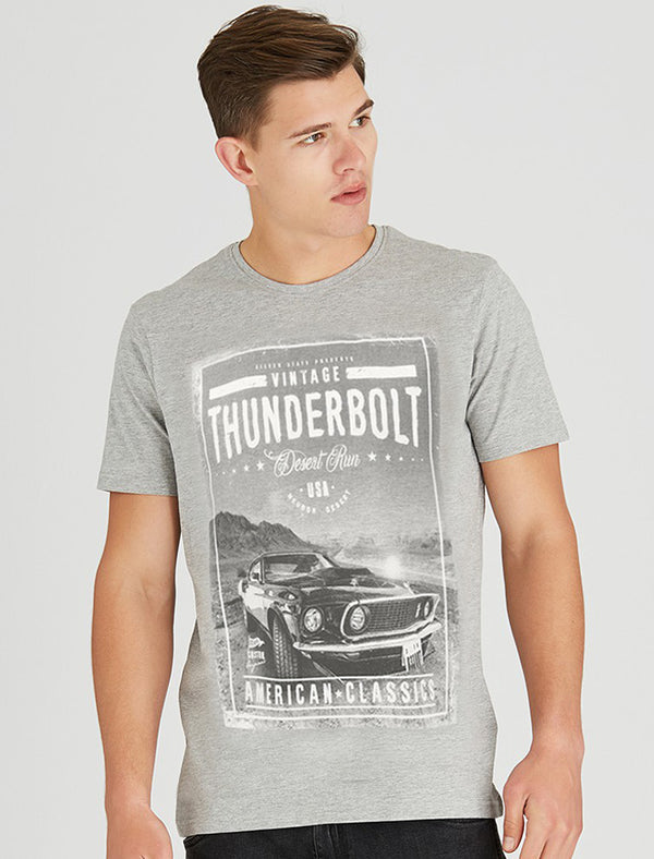 Thunderbolt Motif Cotton Jersey T-Shirt in Light Grey Marl - South Shore