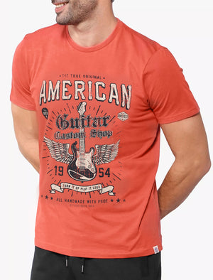 Guitar Custom Motif Cotton Jersey T-Shirt in Burnt Siena Red - South Shore