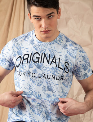 Kahaluu Motif Palm Print Cotton Jersey T-Shirt in Plein Air Blue - Tokyo Laundry