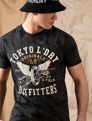 Track & Field Motif Tie Dye Cotton Jersey T-Shirt In Pirate Black - Tokyo Laundry