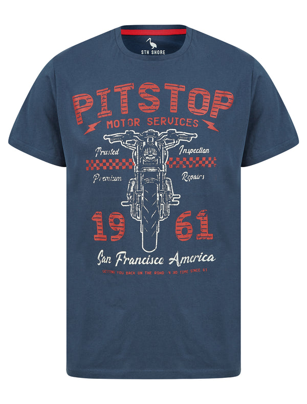 Pitstop Motif Cotton Jersey T-Shirt in Insignia Blue - South Shore