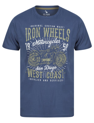 Iron Wheels Motif Cotton Jersey T-Shirt in Vintage Indigo - South Shore