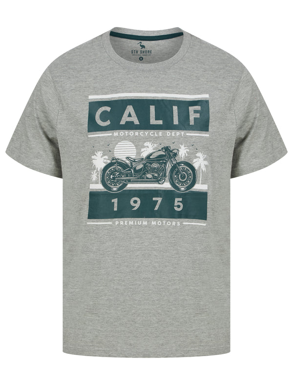 Calif Bike Motif Cotton Jersey T-Shirt in Light Grey Marl - South Shore