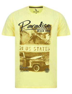 Beach Tour Motif Cotton Jersey T-Shirt in Pastel Yellow - South Shore