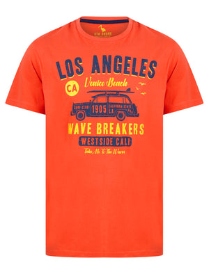 Wave Breakers Motif Cotton Jersey T-Shirt in Hot Coral - South Shore