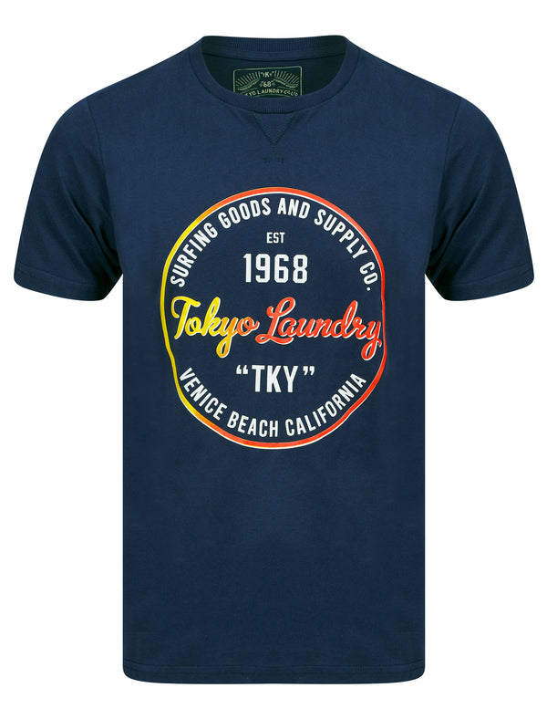 Rainbow Surf Motif Cotton Jersey T-Shirt in Medieval Blue - Tokyo Laundry
