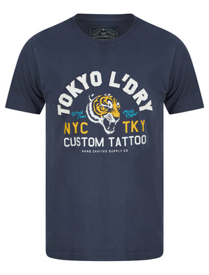 Tattoo Tiger Appliqué Motif Cotton Jersey T-Shirt in Mood Indigo - Tokyo Laundry