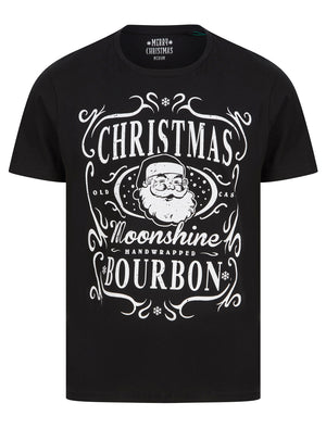 Men's Xmas Bourbon Motif Novelty Cotton Christmas T-Shirt in Jet Black - Merry Christmas