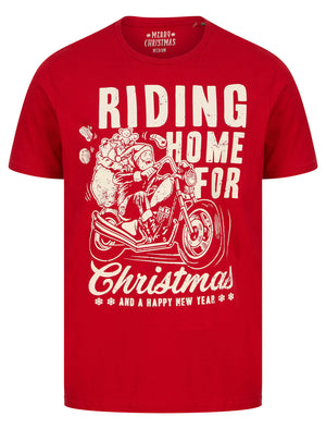 Men's Riding Home Motif Novelty Cotton Christmas T-Shirt in Barados Cherry - Merry Christmas
