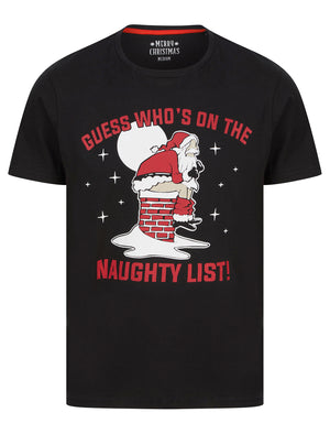 Men's Santa Chimney Motif Novelty Cotton Christmas T-Shirt in Jet Black - Merry Christmas