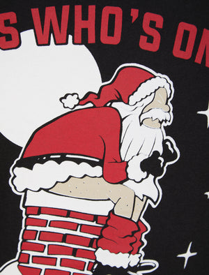Men's Santa Chimney Motif Novelty Cotton Christmas T-Shirt in Jet Black - Merry Christmas