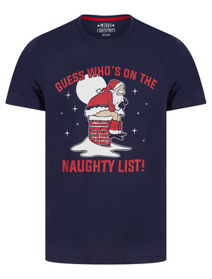 Men's Santa Chimney Motif Novelty Cotton Christmas T-Shirt in Peacoat Blue - Merry Christmas