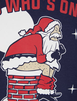 Men's Santa Chimney Motif Novelty Cotton Christmas T-Shirt in Peacoat Blue - Merry Christmas