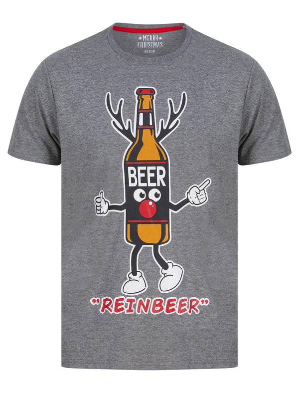 Men's Beer Bottle Motif Novelty Cotton Christmas T-Shirt in Mid Grey Marl - Merry Christmas
