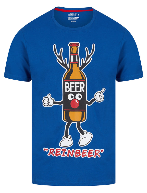 Men's Beer Bottle Motif Novelty Cotton Christmas T-Shirt in Turkish Sea - Merry Christmas