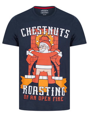 Men's Chestnuts Roasting Motif Novelty Cotton Christmas T-Shirt in Peacoat Blue - Merry Christmas