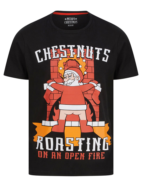 Men's Chestnuts Roasting Motif Novelty Cotton Christmas T-Shirt in Jet Black - Merry Christmas