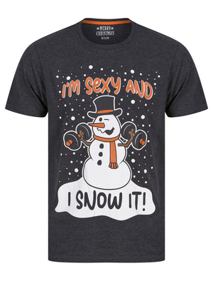 Men's Snow It Motif Novelty Cotton Christmas T-Shirt in Charcoal Marl - Merry Christmas