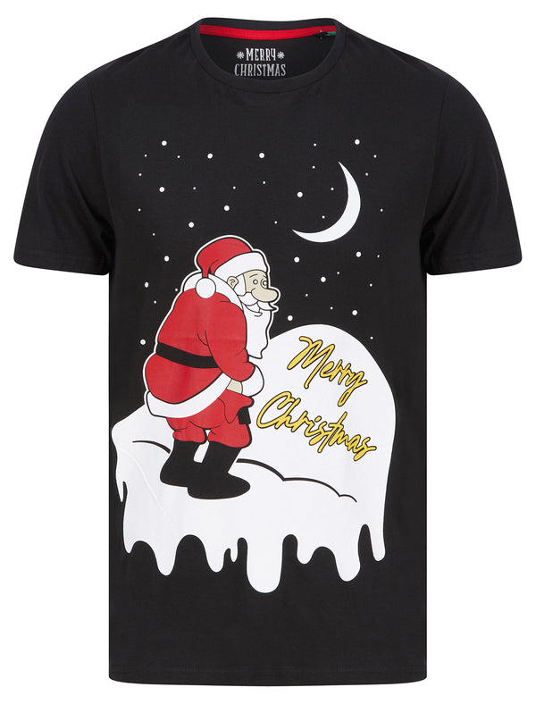 Men's Yellow Snow Motif Novelty Cotton Christmas T-Shirt in Jet Black - Merry Christmas
