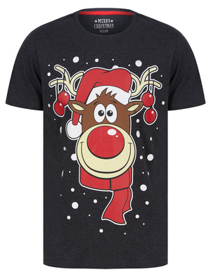 Men's Rudolph Snowflake Motif Novelty Cotton Christmas T-Shirt in Charcoal Marl - Merry Christmas