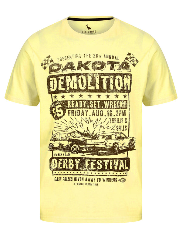 Destruction Derby Motif Cotton Jersey T-Shirt in Pastel Yellow - South Shore