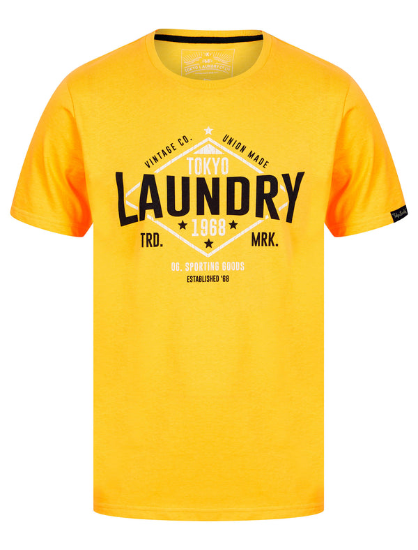 Elite Vintage Cracked Print Motif Cotton Jersey T-Shirt in Artisan's Gold - Tokyo Laundry