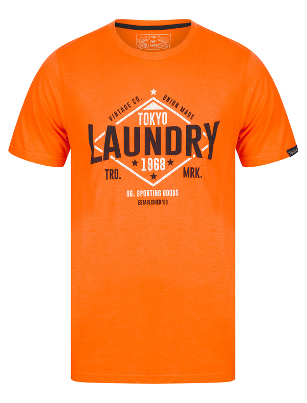 Elite Vintage Cracked Print Motif Cotton Jersey T-Shirt in Golden Poppy Orange - Tokyo Laundry