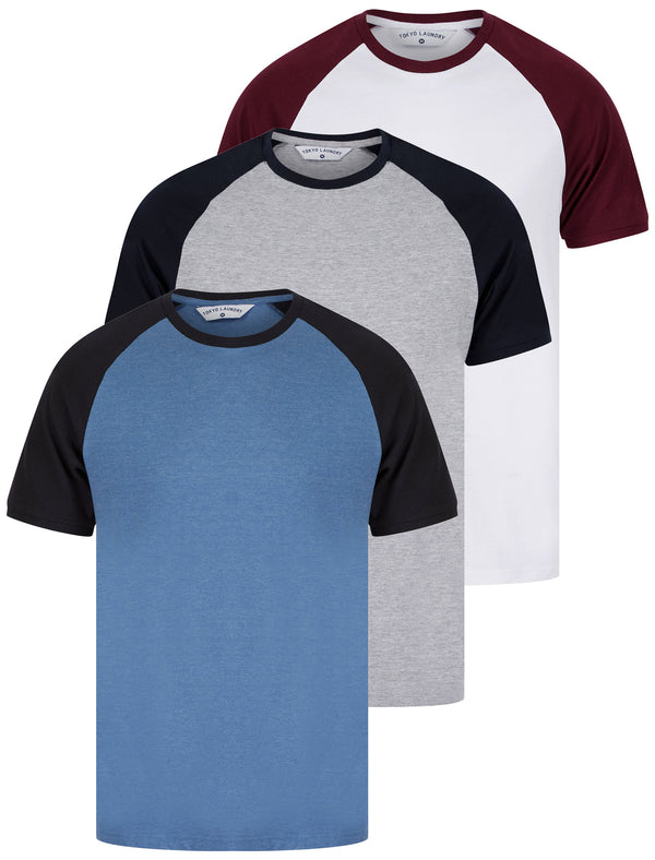 Dunswell (3 Pack) Raglan Sleeve Cotton Jersey Basic T-Shirt Set In Light Grey Marl / White / Dutch Blue - Tokyo Laundry