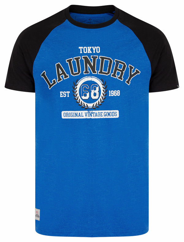 Summit Baseball Style Raglan Sleeve Crew Neck T-Shirt in Mid Blue Marl - Tokyo Laundry