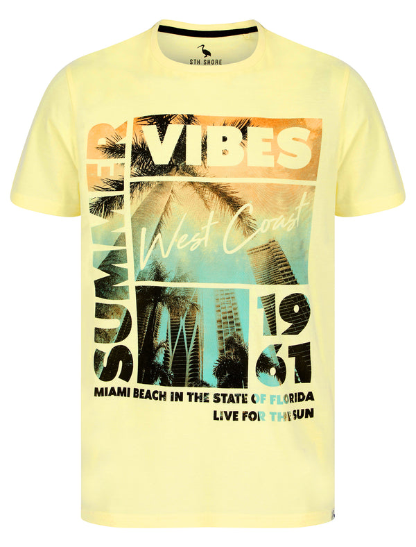West Coast Vibes Motif Cotton Jersey T-Shirt in Pastel Yellow - South Shore