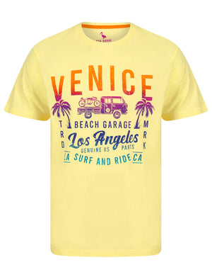 Beach Garage Motif Cotton Jersey T-Shirt in Pastel Yellow - South Shore