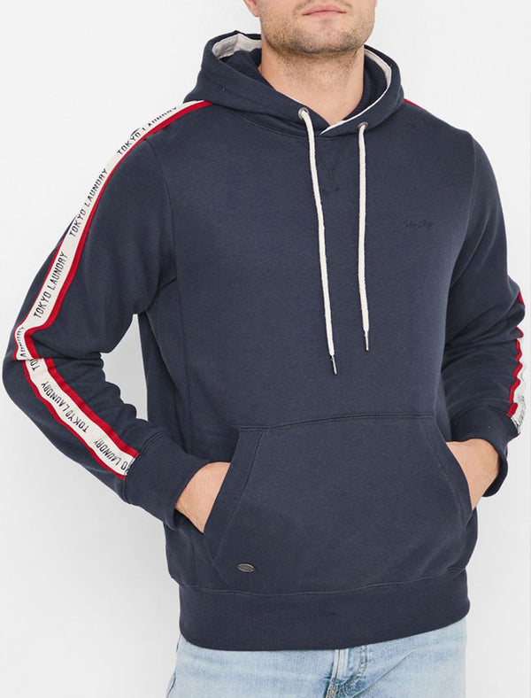 Willow Pines Pullover Hoodie with Tape Sleeve Detail In Mood Indigo - Tokyo Laundry