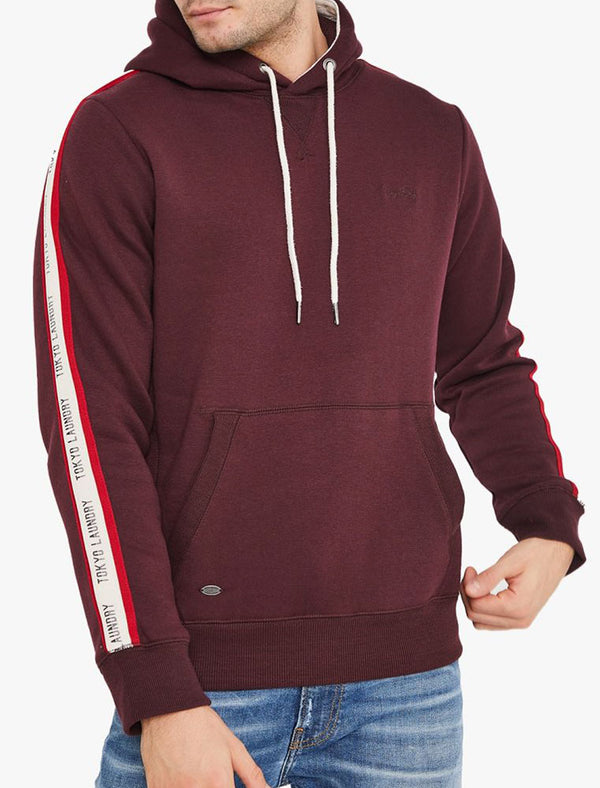Willow Pines Pullover Hoodie with Tape Sleeve Detail In Winetasting - Tokyo Laundry