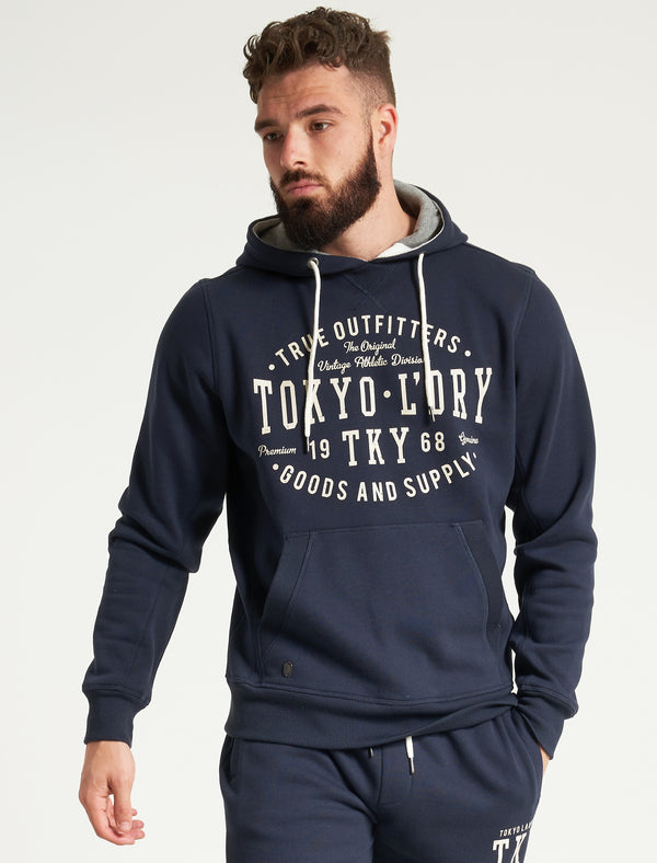Frozen Motif Brushback Fleece Pullover Hoodie in Sky Captain Navy - Tokyo Laundry
