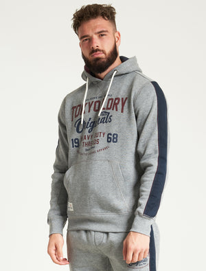 Travel Motif Brushback Fleece Pullover Hoodie with Tape Detail in Mid Grey Marl - Tokyo Laundry