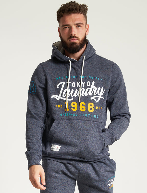 Intent Motif Brushback Fleece Pullover Hoodie in Navy Grindle - Tokyo Laundry