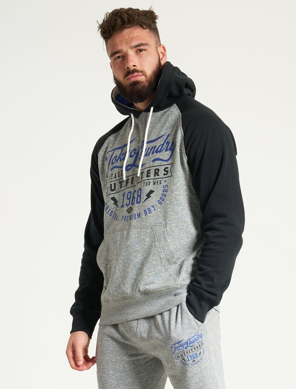Bannering Raglan Sleeve Brushback Fleece Pullover Hoodie in Light Grey Grindle - Tokyo Laundry