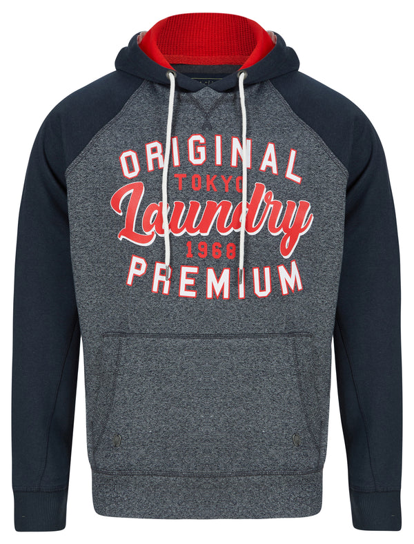 Surround Raglan Sleeve Brushback Fleece Pullover Hoodie in Navy Grindle - Tokyo Laundry