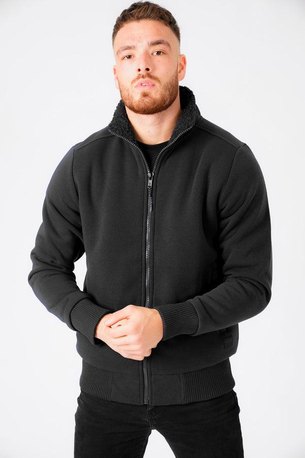 Percy Funnel Neck Zip Through Chunky Sweat With Borg Lining In Jet Black - Dissident