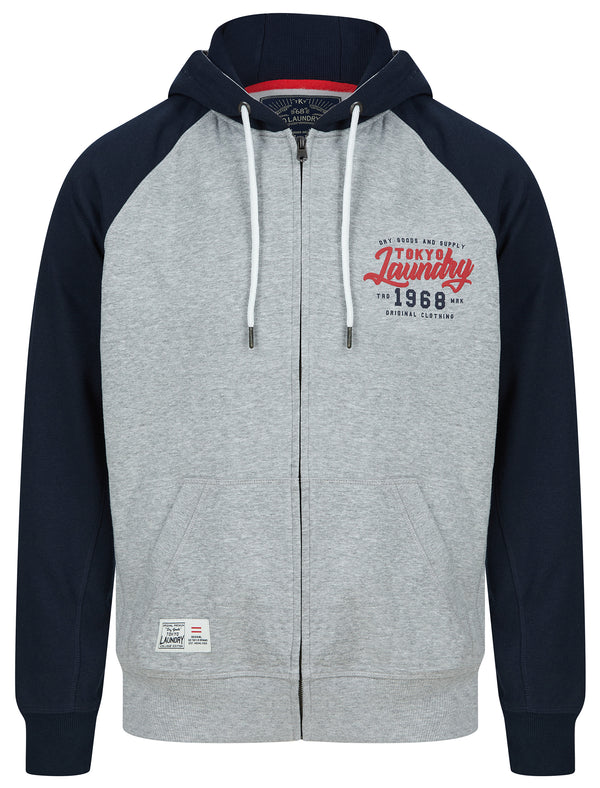 Raggo Zip Through Raglan Sleeve Hoodie in Light Grey Marl / Navy - Tokyo Laundry