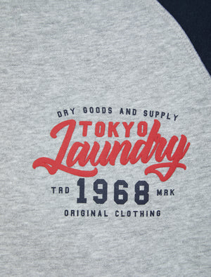 Raggo Zip Through Raglan Sleeve Hoodie in Light Grey Marl / Navy - Tokyo Laundry