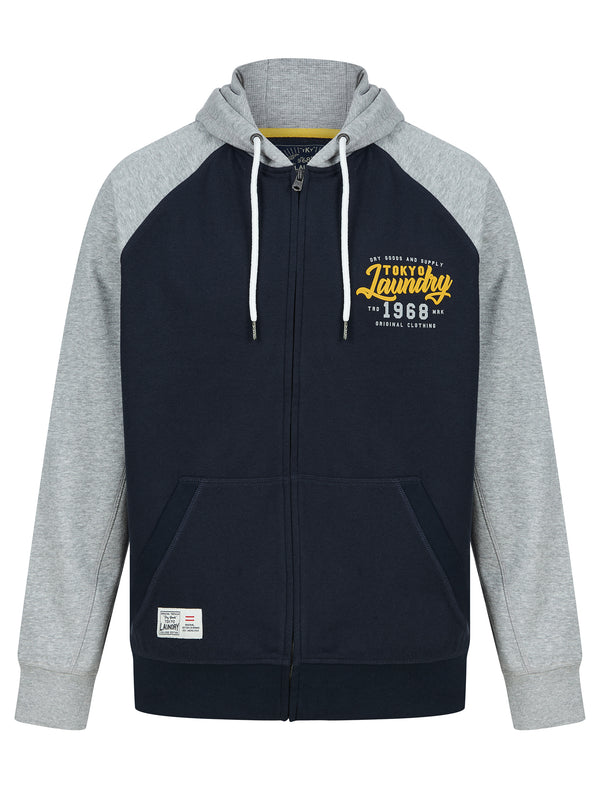 Raggo Zip Through Raglan Sleeve Hoodie in Navy / Light Grey Marl - Tokyo Laundry
