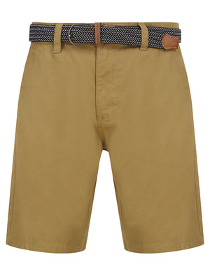 Gustavo Cotton Twill Chino Shorts with Woven Belt in Kelp Brown - Tokyo Laundry