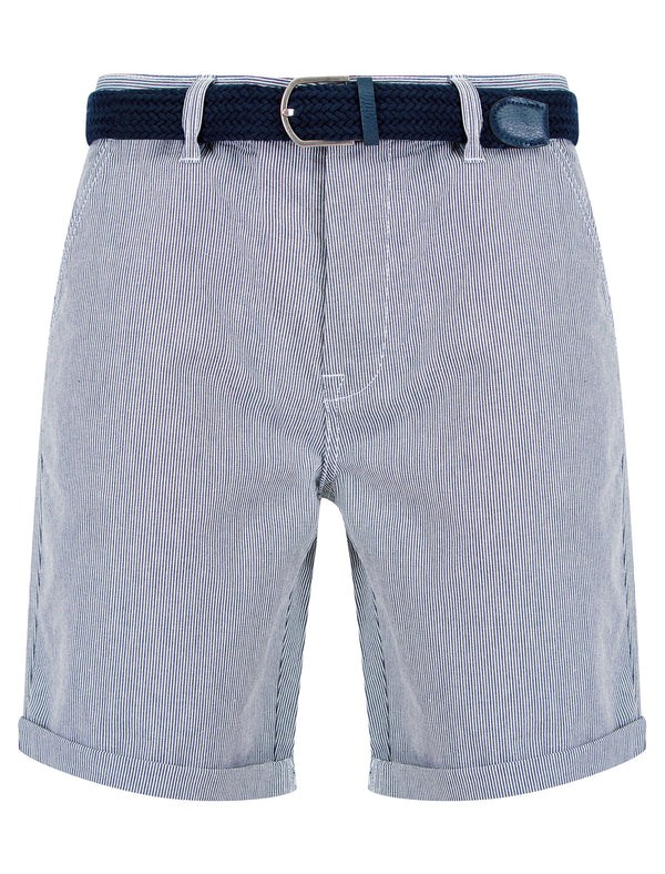 Taizi Fine Stripe Cord Chino Shorts with Woven Belt in Navy / White Stripe - Tokyo Laundry