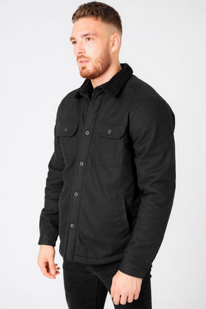 Terroso Borg Lined Cotton Overshirt Jacket with Collar in Jet Black - Tokyo Laundry