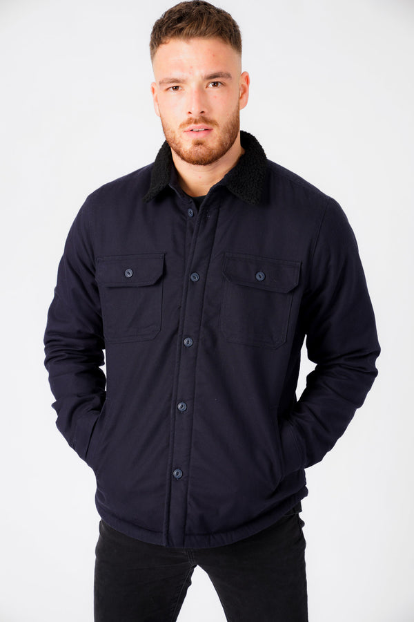 Terroso Borg Lined Cotton Overshirt Jacket with Collar in Navy - Tokyo Laundry