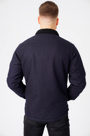 Terroso Borg Lined Cotton Overshirt Jacket with Collar in Navy - Tokyo Laundry